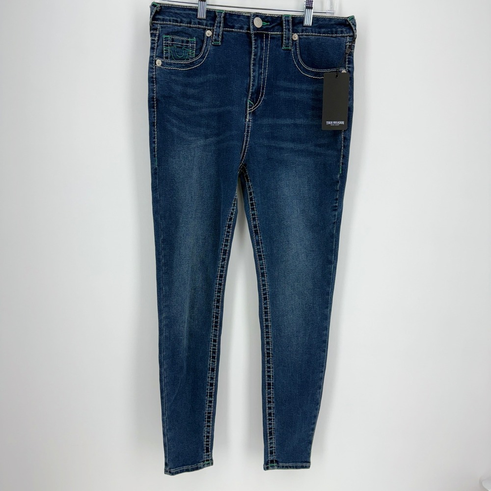 True Religion Halle High Rise Super Skinny Jeans Women Size 30 Blue Denim Stitch